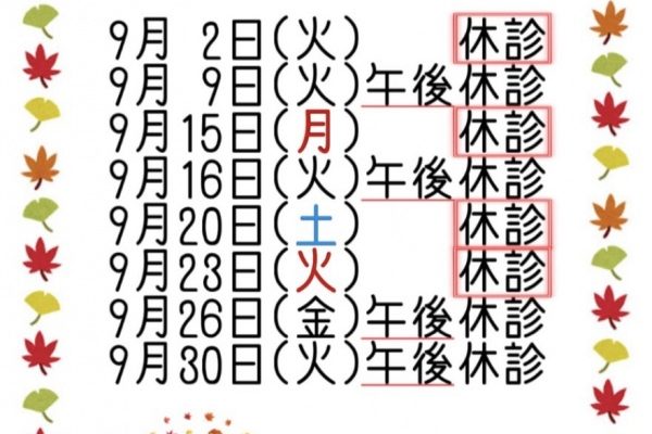 9月休診日のお知らせ📢